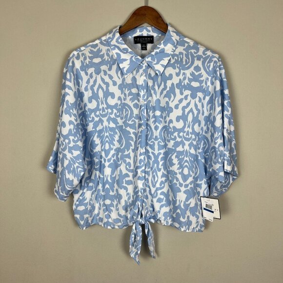 Laundry by Shelli Segal Top XL Blue Damask Crop Button Up Tie Hem 3/4 Dolman Sl - Picture 11 of 11